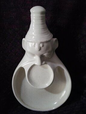 Round White Speckle Ceramic Tray Catch All Tribal Person Lip Disc Hat 11x7in Vtg